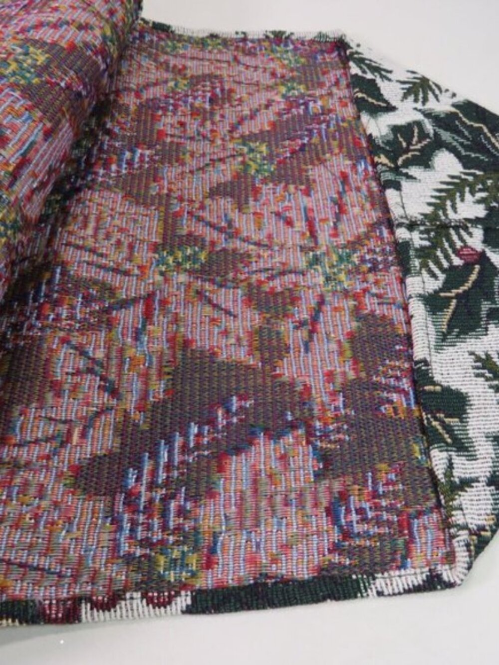 Vintage Victorian Holly Tapestry Table Runner Dark Forest Green Tassels 68x12 - Picture 5 of 9